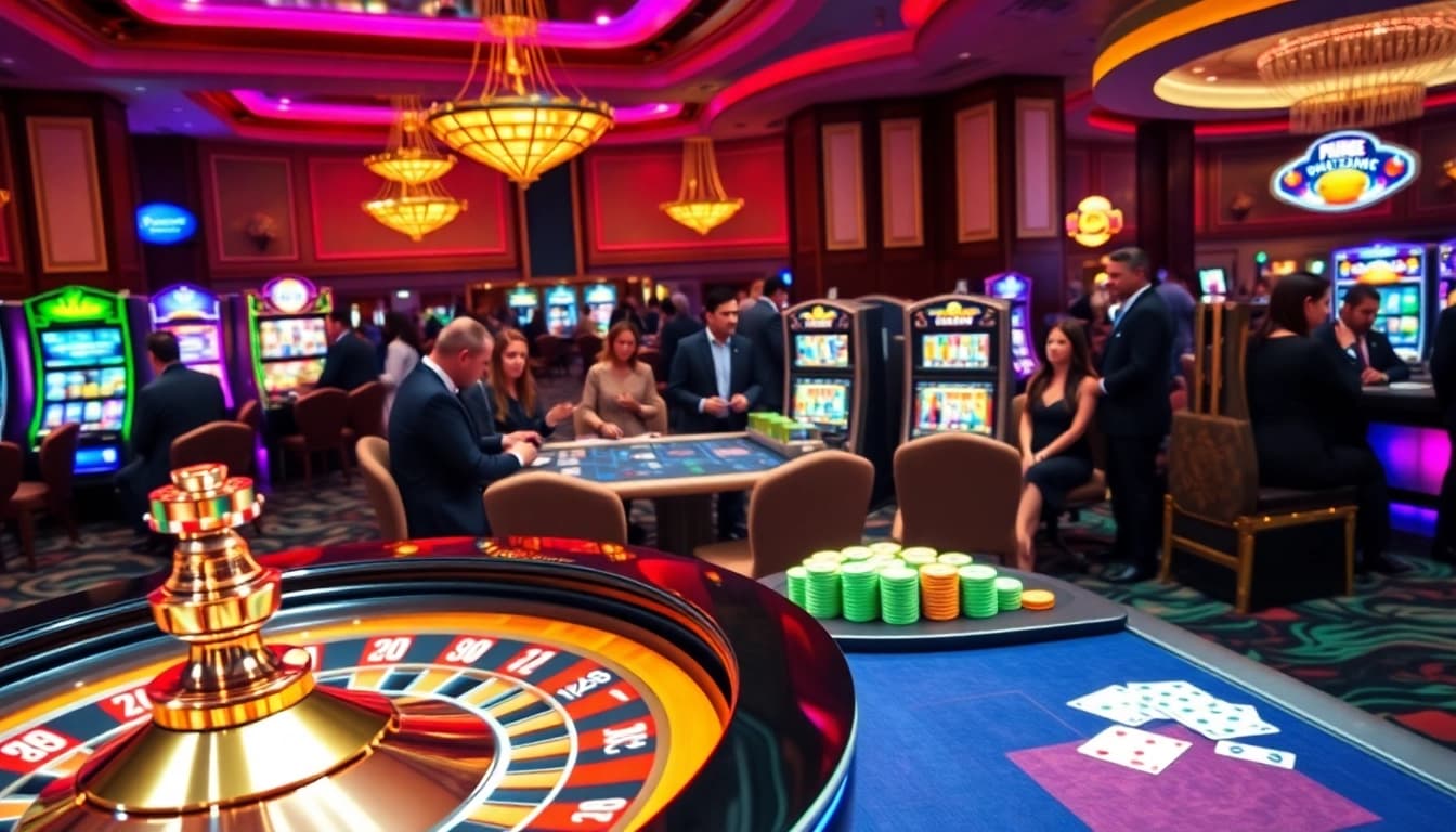 Kkwin casino players enjoying vibrant games at a luxurious table with roulette and poker chips.