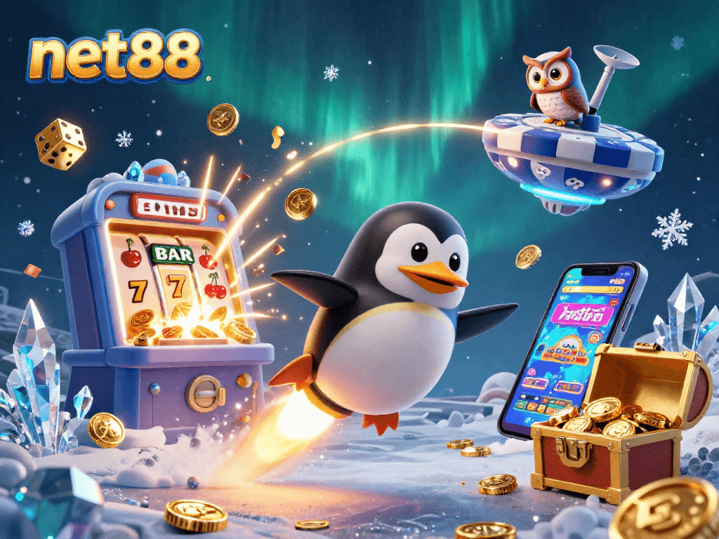 Experience net88's excitement with a golden penguin and casino-themed 3D illustration.