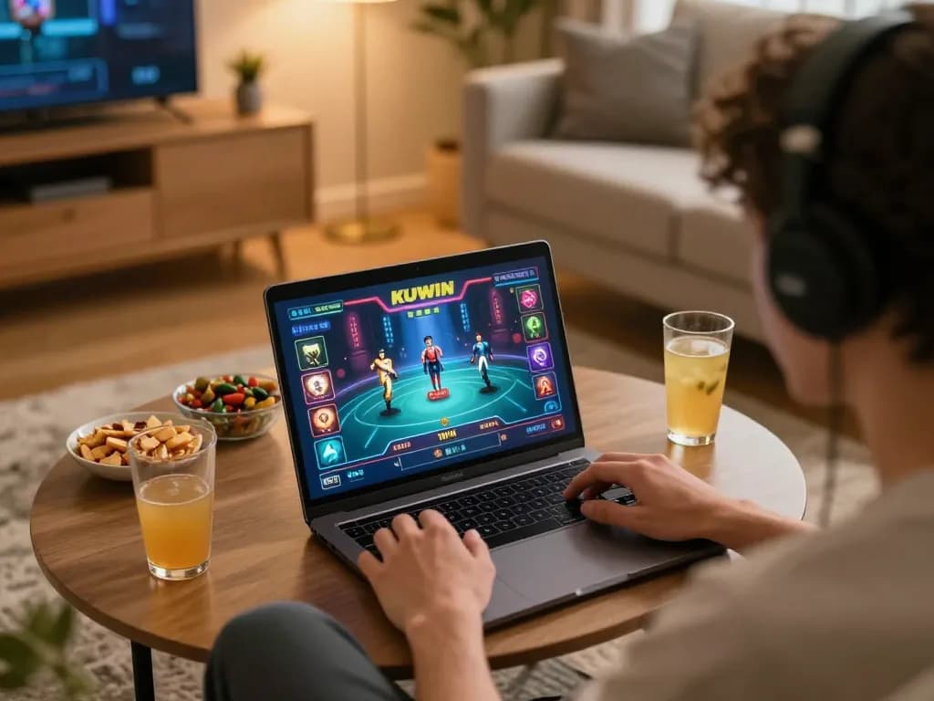 Kuwin player enjoying online casino gaming experience on a laptop in a cozy home setting