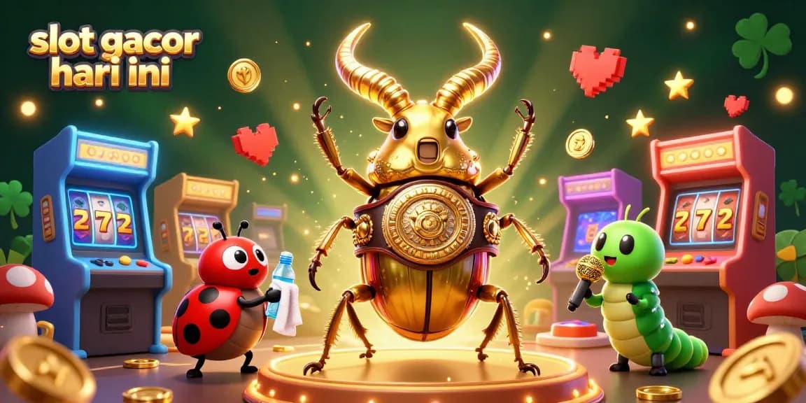 Experience slot gacor hari ini with a vibrant 3D illustration of a champion beetle and colorful casino games.