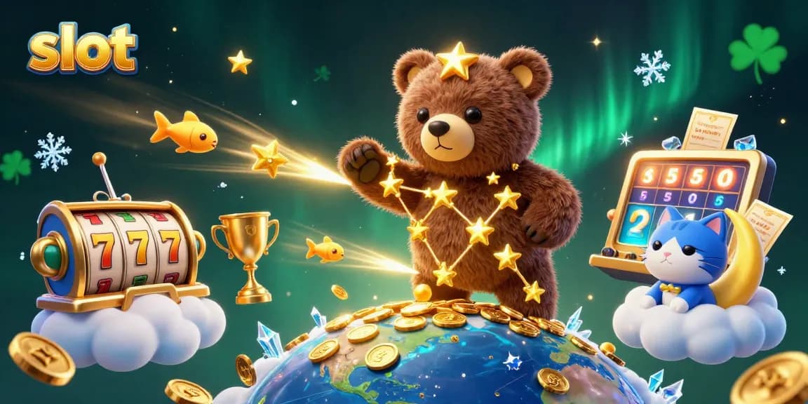 Experience thrilling slot action with coins falling from a constellation bear in this vibrant casino scene.