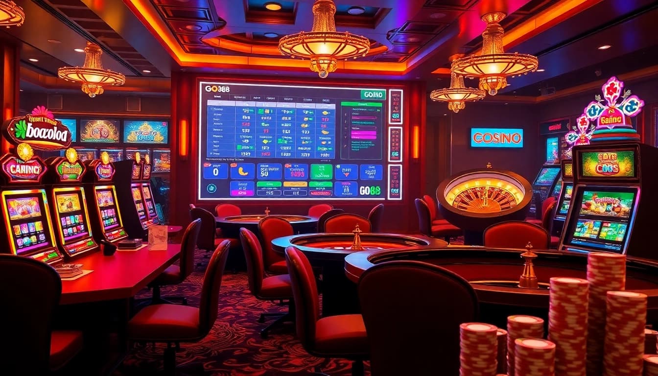 Experience thrilling gaming action at Trang Chủ GO88 with vibrant casino tables and interactive digital interfaces.