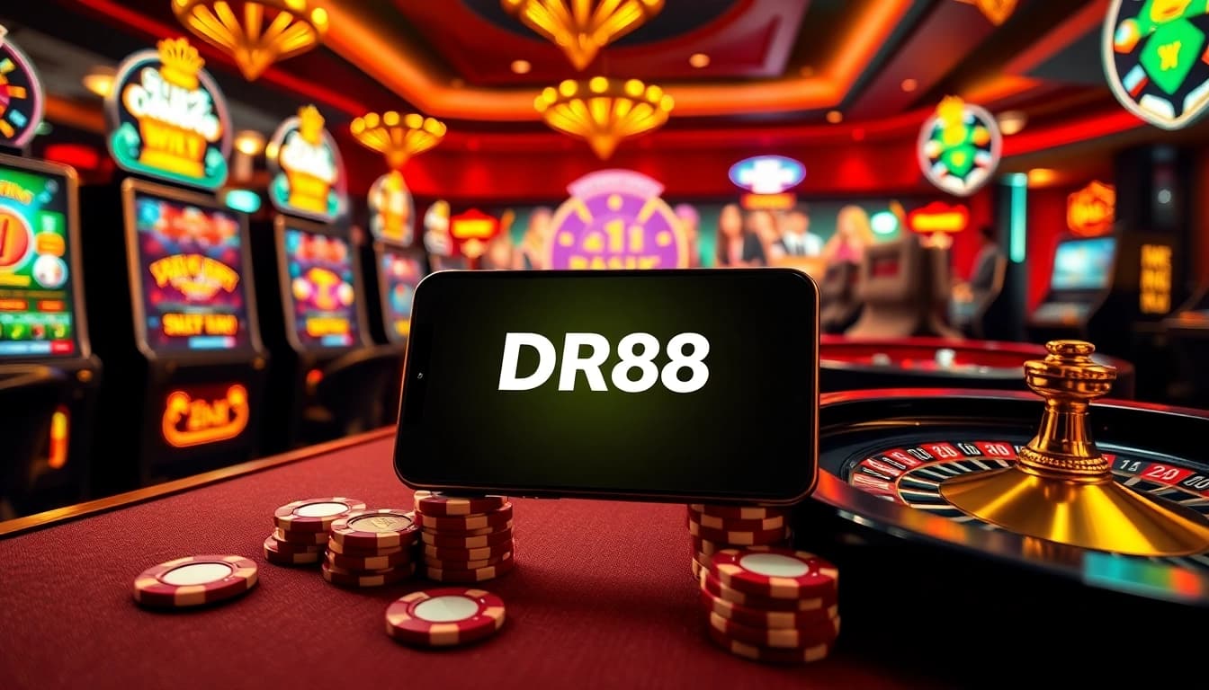 DR88 app displayed on a smartphone among lively casino elements like poker chips and slot machines.