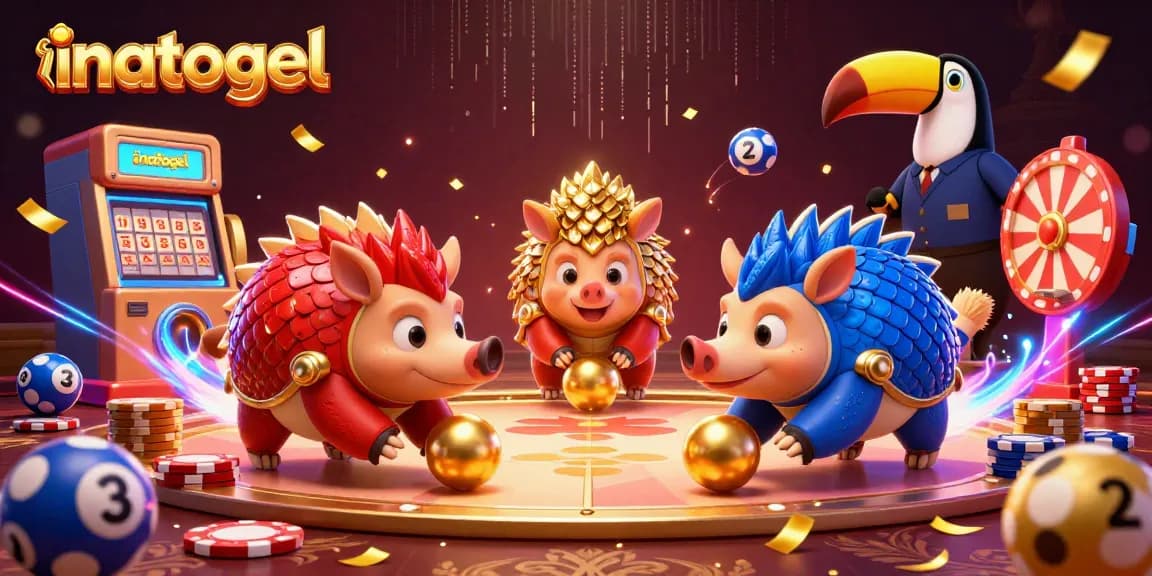 Inatogel mempersembahkan dua pangolin bersaing dalam permainan togel dengan bola emas dan chip poker, penuh energi.