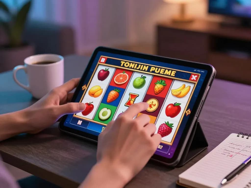 Engaging in online slot gameplay at home with aa88i, showcasing vibrant reels and strategic notes.