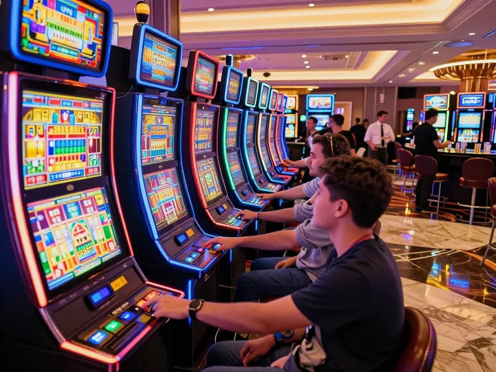 Players spinning link slot machines in a lively casino setting, vibrant atmosphere and engaging gameplay