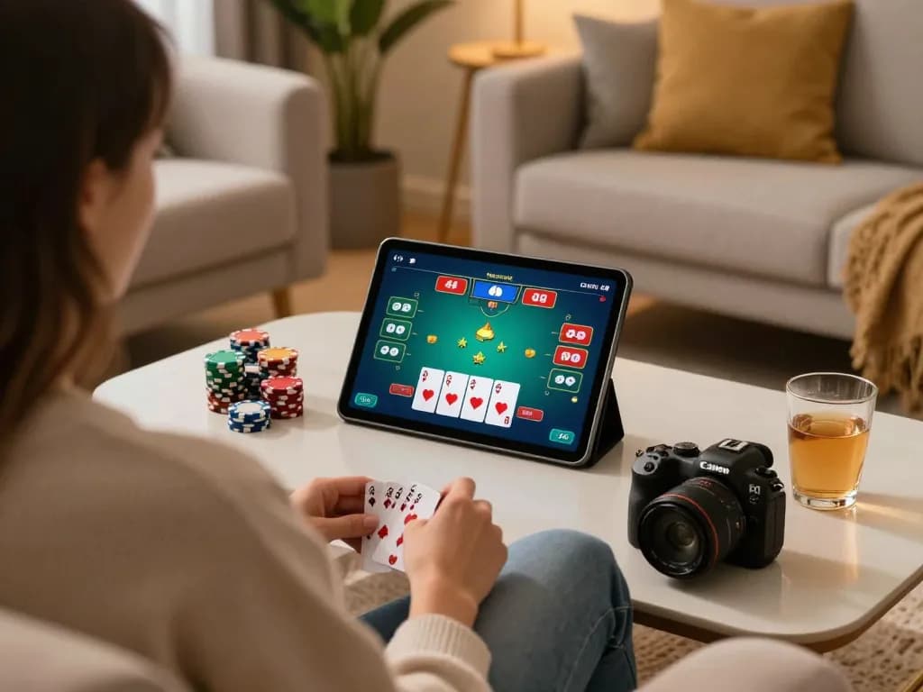 Engaging in online poker at home with luck88com on a tablet, surrounded by cozy atmosphere.