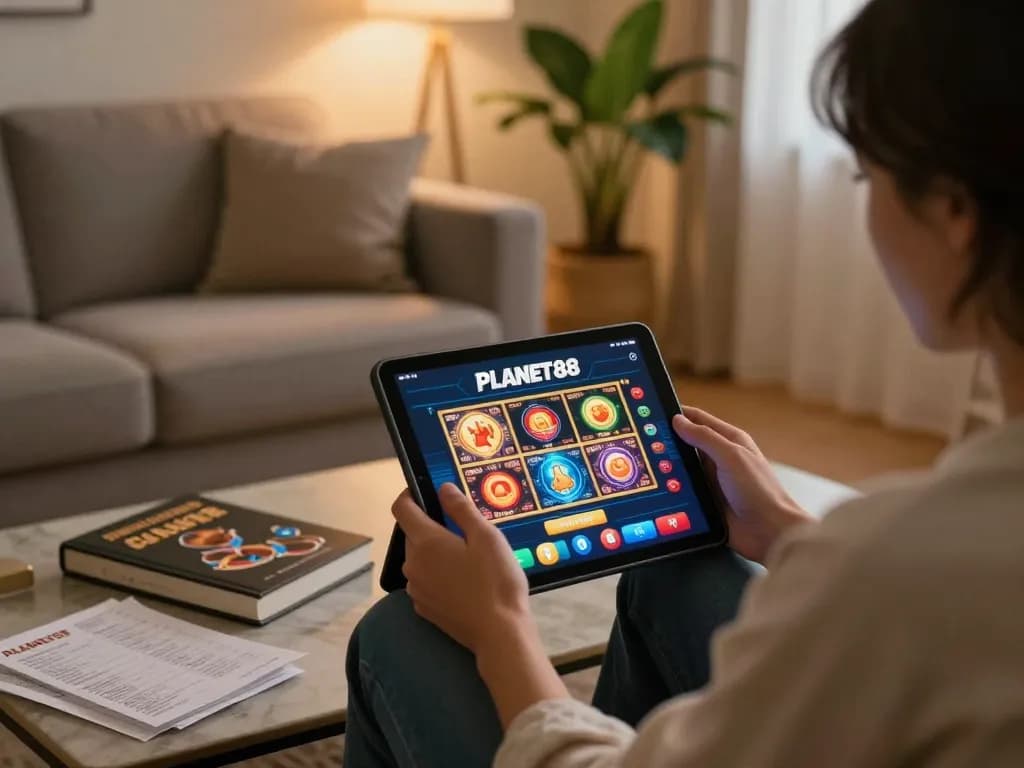 Engaged user playing on the PLANET88 casino app on a tablet, highlighting online gambling comfort and strategy.