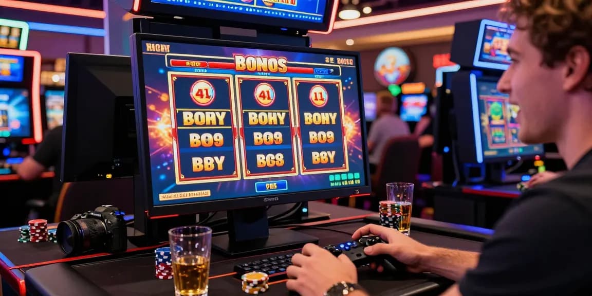 Player enjoying bonus buy slots at a vibrant online casino, engaging and lively atmosphere.