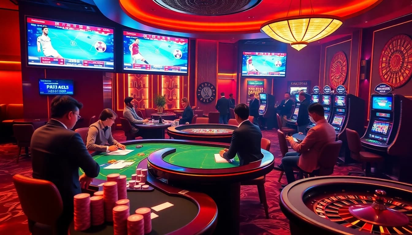 Engaging scene of Judi Piala Dunia betting with excited players at casino tables.