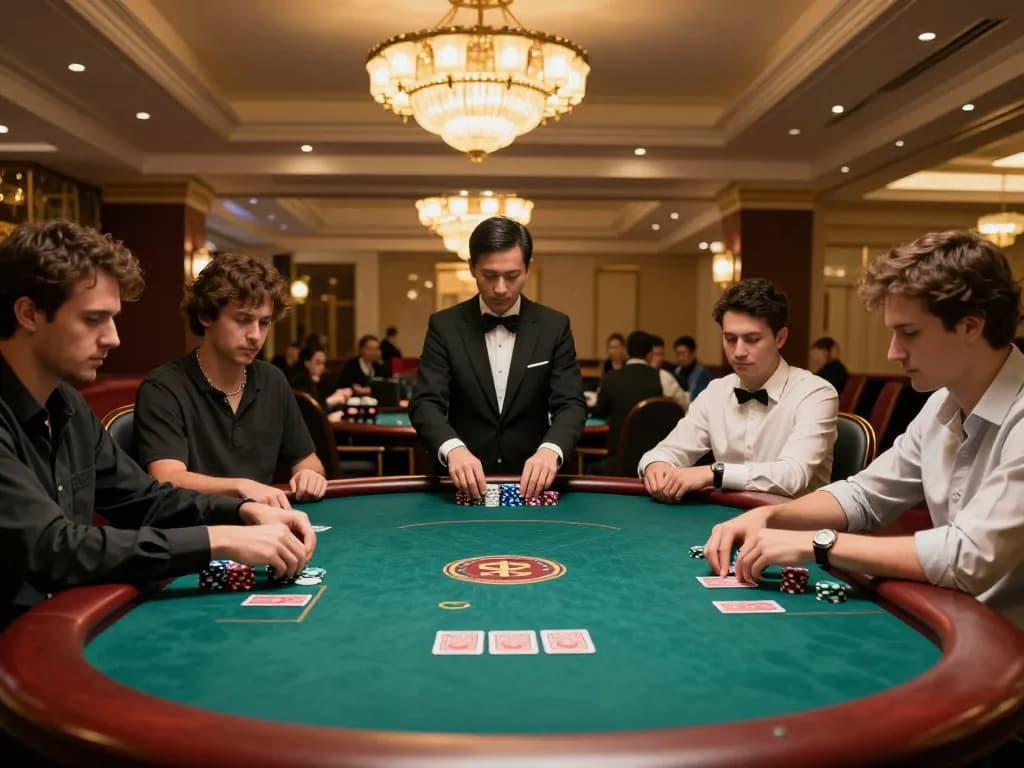 KJC players engaged in an intense poker game at an upscale casino table.