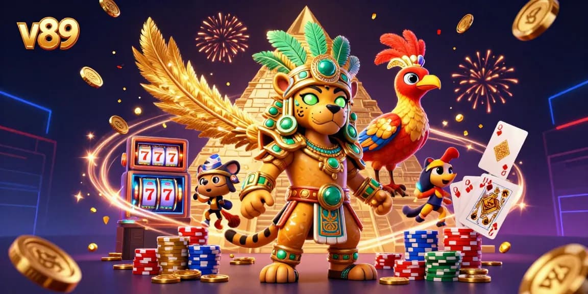 Slot gacor v89 menampilkan jaguar Mayan dan burung quetzal dikelilingi koin emas dan chip poker.