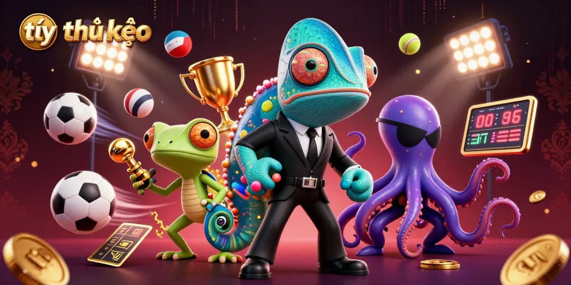 Engage with tỷ lệ kèo, dynamic sports balls, and colorful casino characters in this lively illustration.