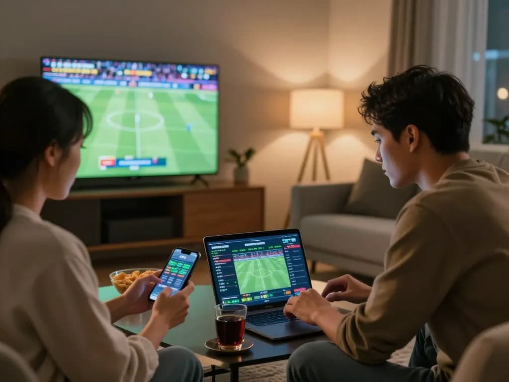 Strategic sports betting session on nk88 with friends analyzing stats and placing bets.