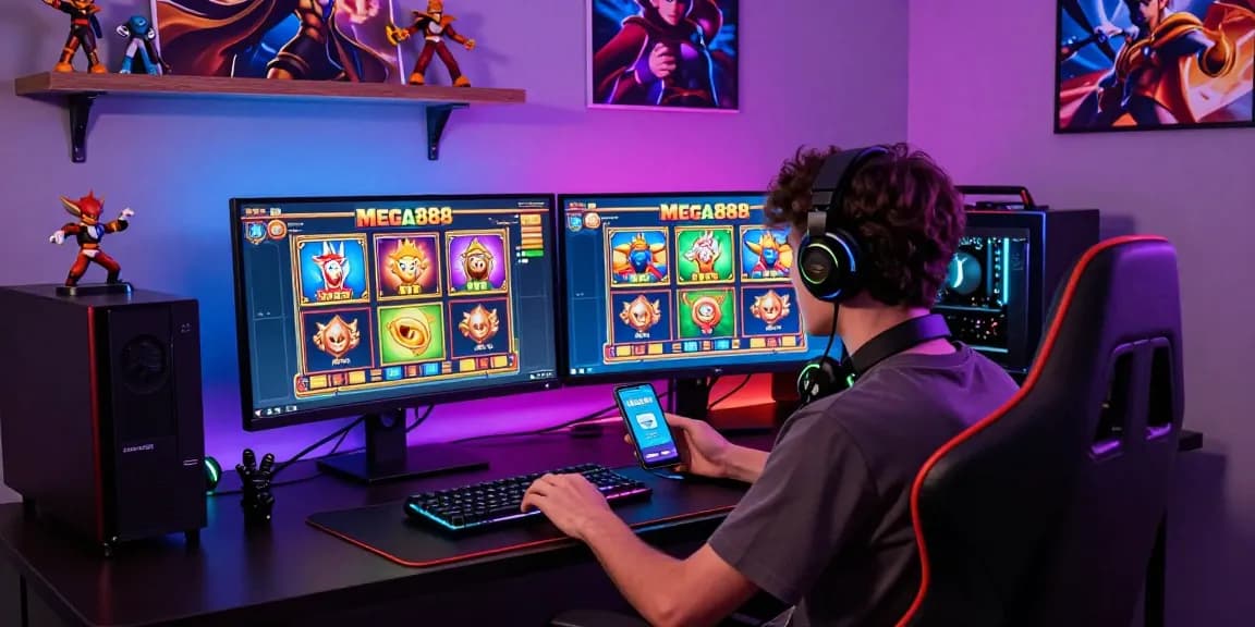 Engaged gamer downloading the Mega888 Apk on mobile with vibrant gaming setup.