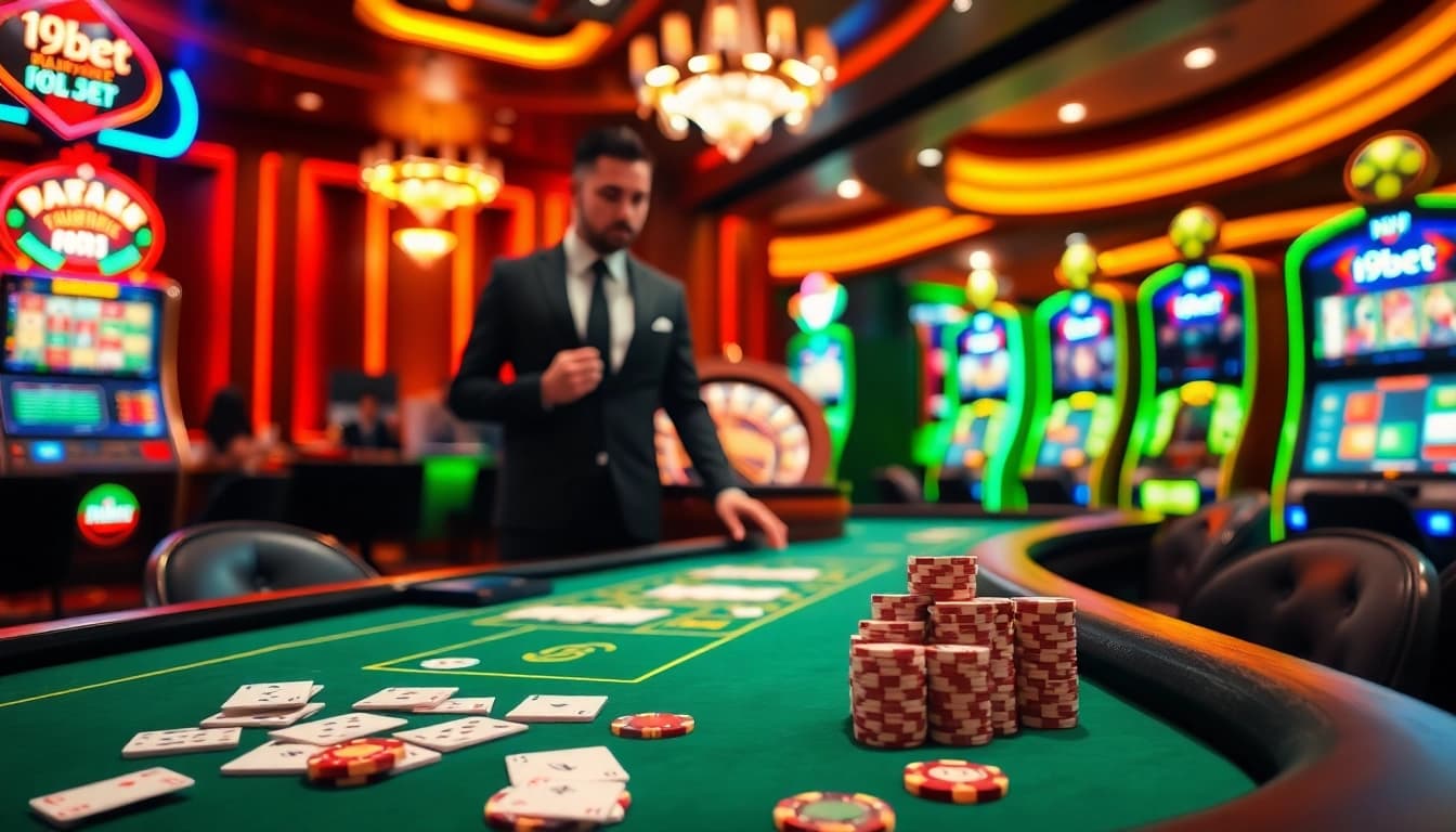 A thrilling i9bet casino experience with a stylish gaming table, vibrant roulette wheel, and dazzling slot machines.