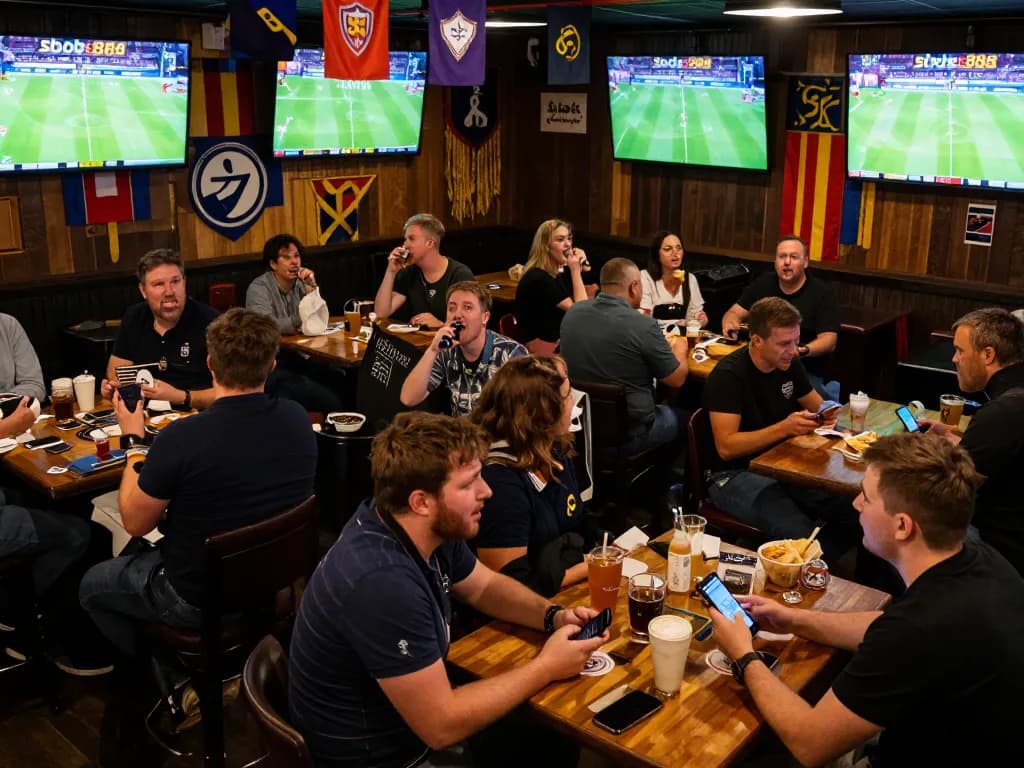 Engaged bettors using sbobet88 mobile app during an exciting live sports event at a sports bar