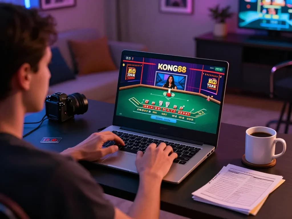 KONG88 player engaging in live blackjack at a home gaming setup with bright screen and strategy notes.