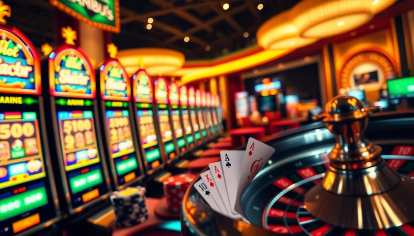 Engaging scene of Slot gacor machines and casino tables in a vibrant online gambling environment.