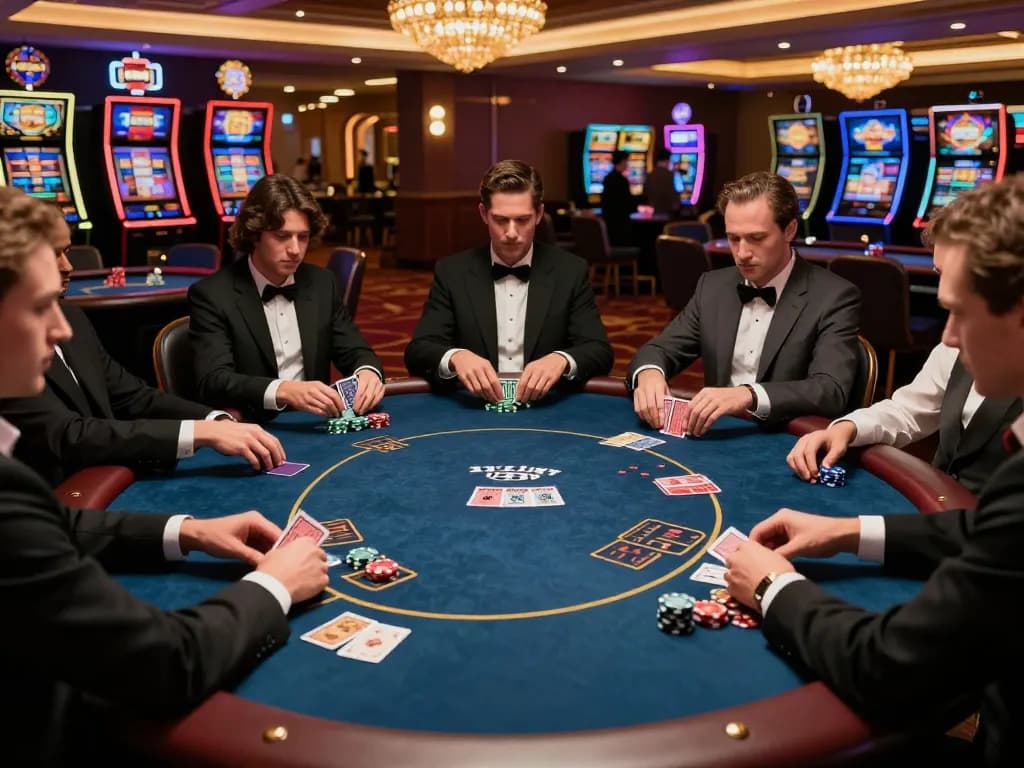 Players enjoying a poker game at a stylish casino table, showcasing kp88 betting strategies in action.