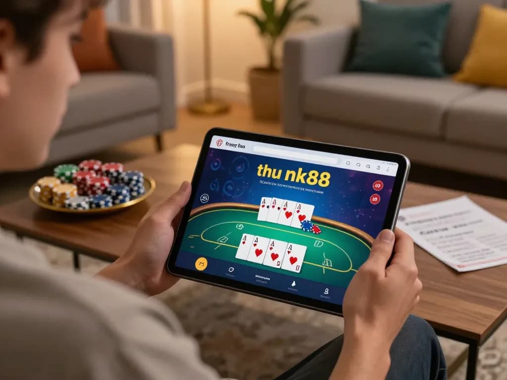Experience thrilling gameplay on trang chủ nk88 with vibrant poker action on a tablet in cozy home setting.