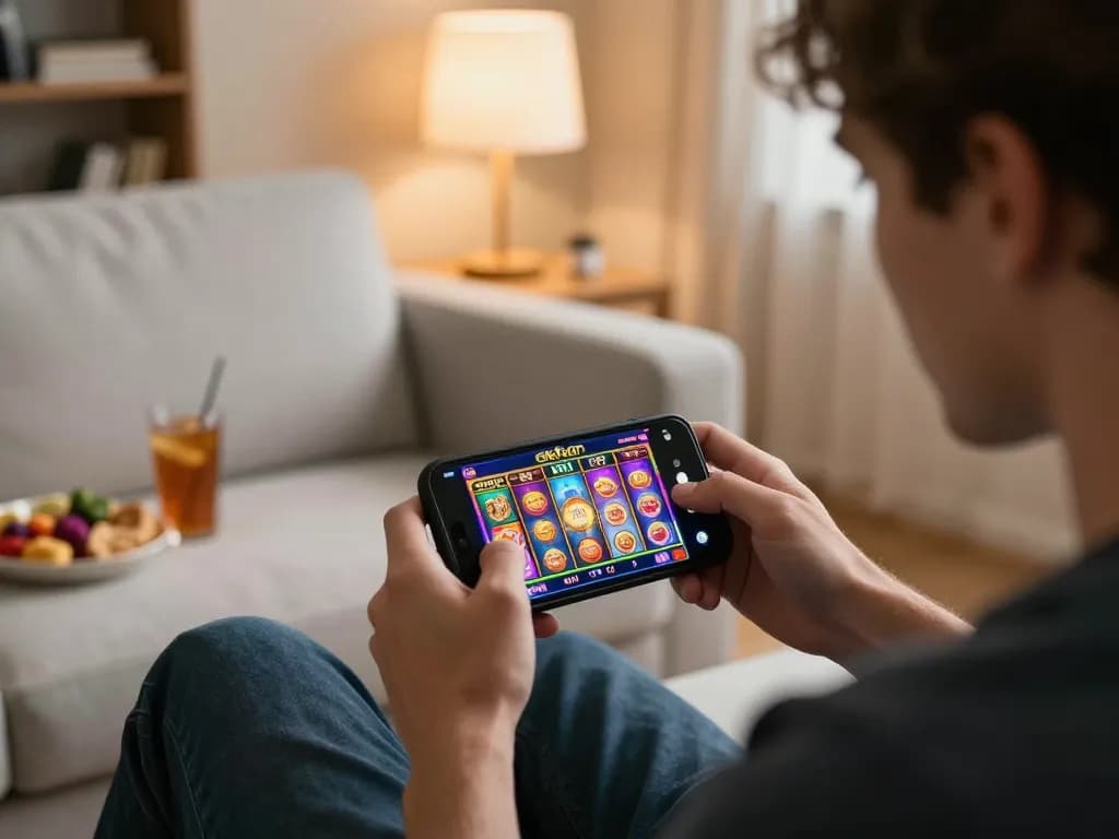 Engaging in a thrilling slot game on okfun while relaxing at home with snacks and drinks