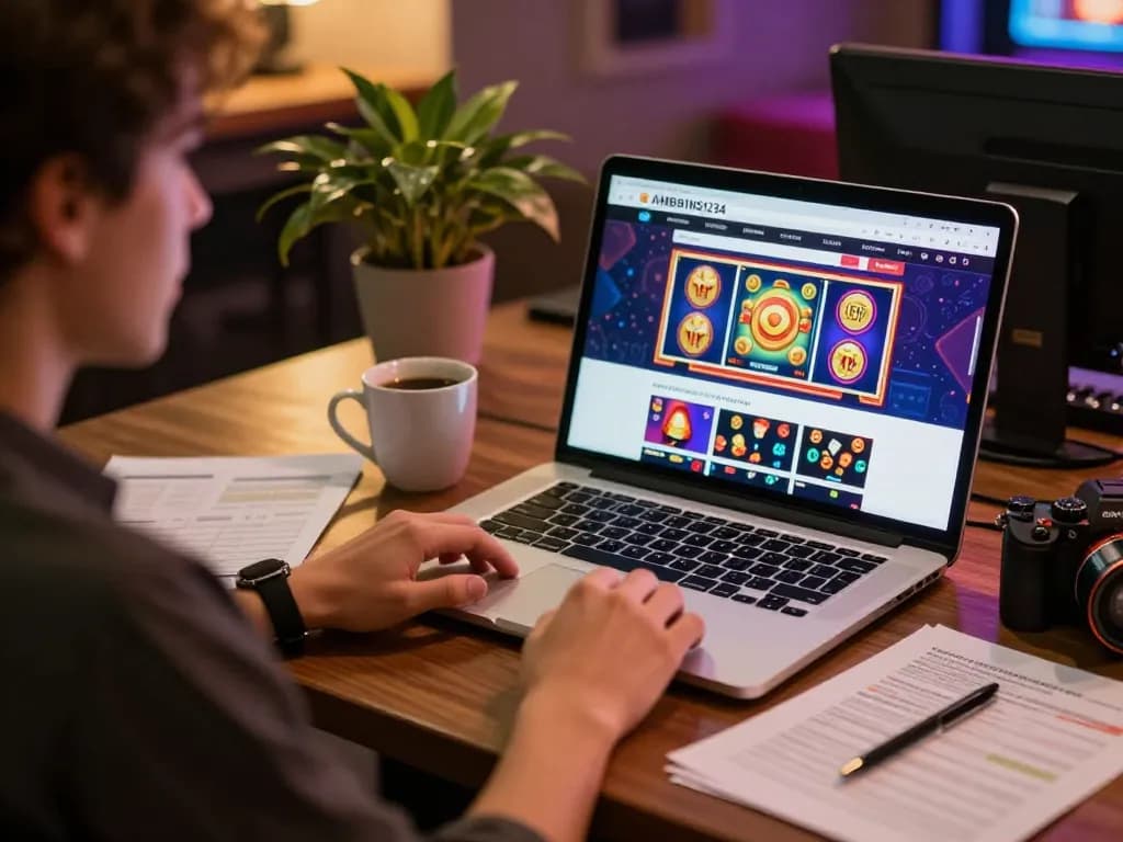 Engaged player exploring ทางเข้า m115 at a cozy online gaming setup, featuring vibrant slot graphics.