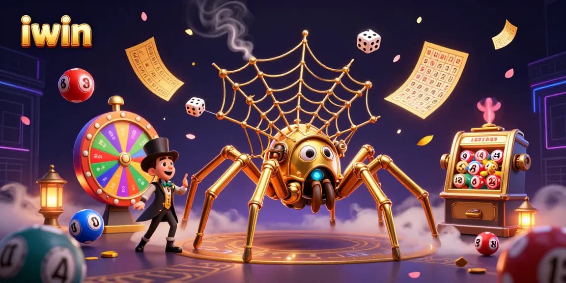 Engage with iwin's adventure as a golden spider catches dice in a vibrant casino scene.