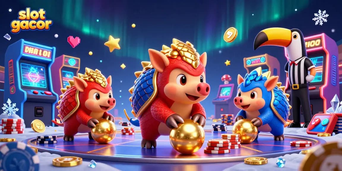 Slot gacor menarik saat dua pangolin bersaing dalam permainan slot dengan efek kilau emas.