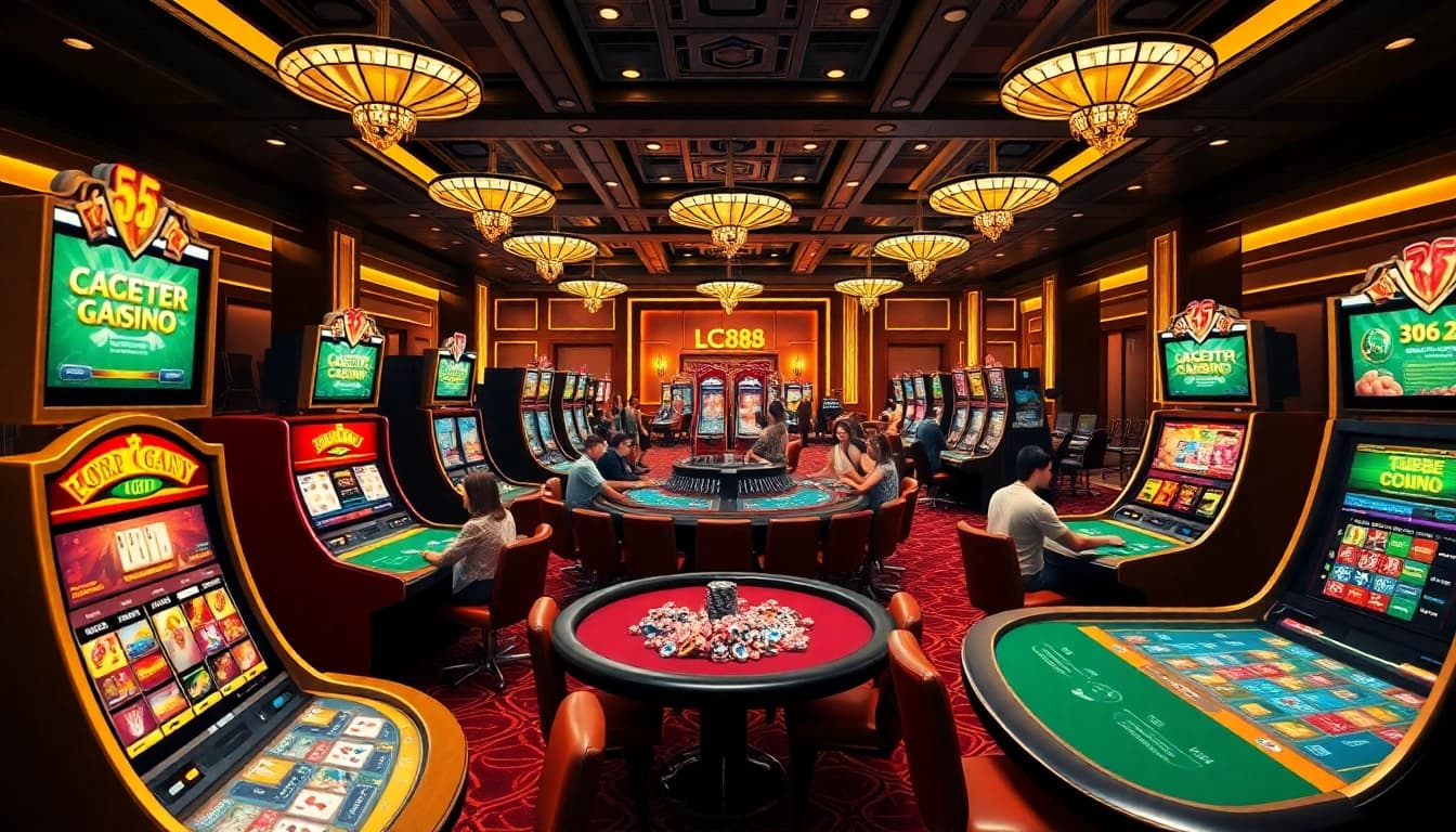 LC88 players enjoying a vibrant online casino experience with tables and slot machines.