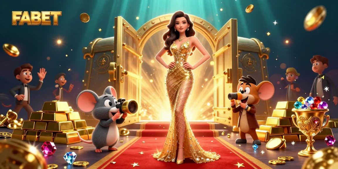 FABET showcases a vibrant 3D casino scene with treasures and glamorous characters, capturing the excitement of online gambling.