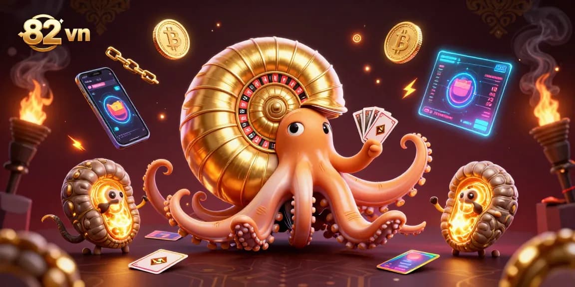 Engage with 82 vn's dynamic casino illustration featuring a giant nautilus roulette wheel and glowing crypto elements.