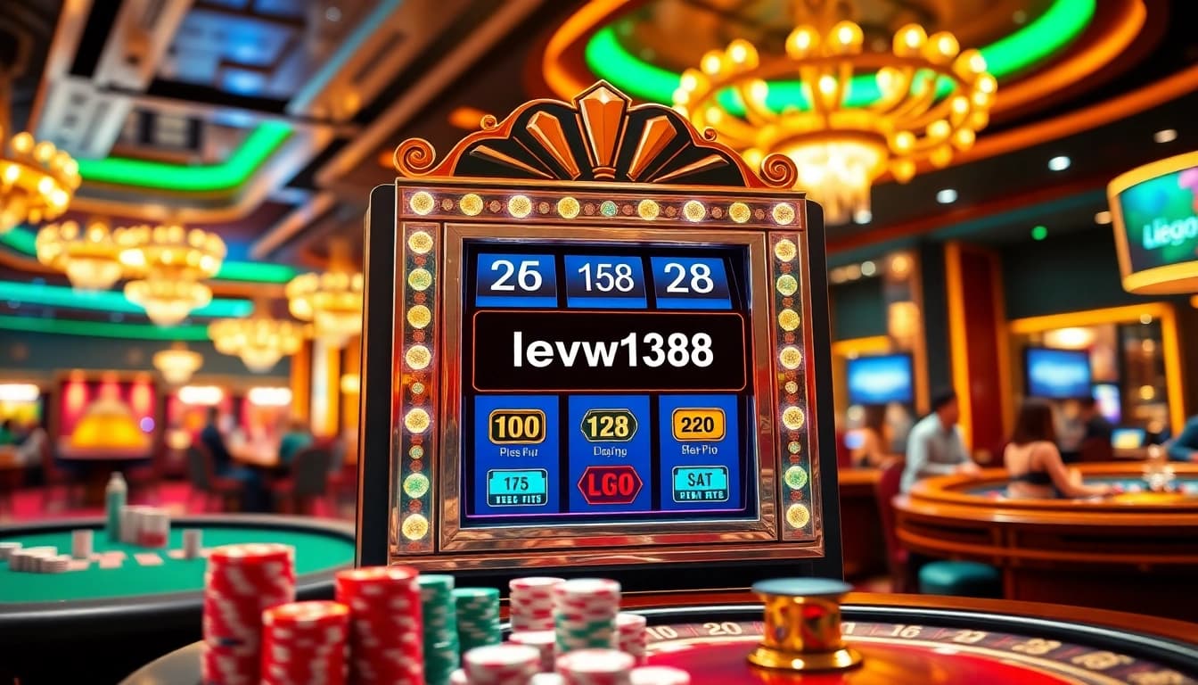 Experience lively casino action at lego138, featuring a modern slot machine surrounded by excited players and vibrant decor.