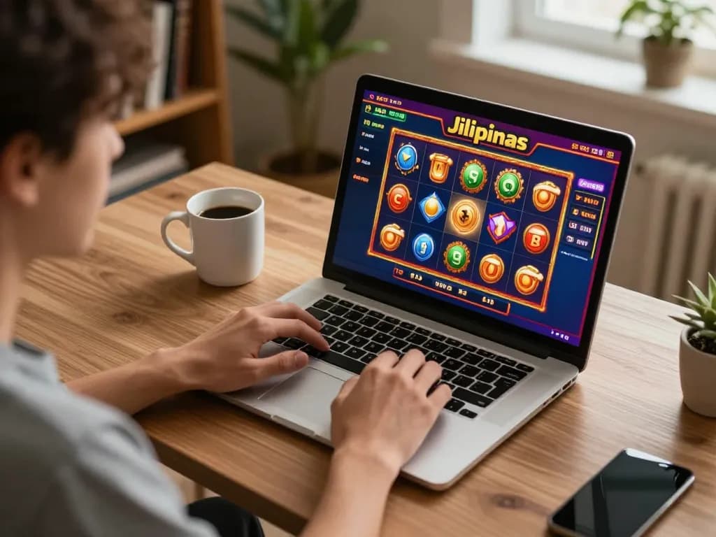 Person enjoying Jilipinas gaming experience on a laptop with colorful slot machine display