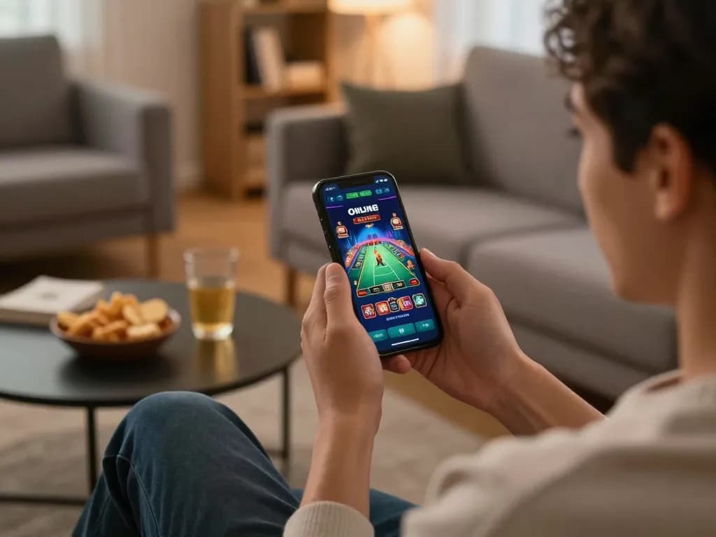 Engaging with the nk88 win online casino app in a cozy home, player shows excitement on smartphone.