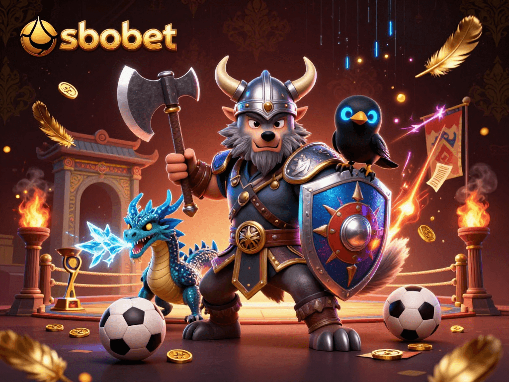 Bet on sbobet and enjoy thrilling sports betting with fierce Viking wolf warrior, dragon, and gold coins.
