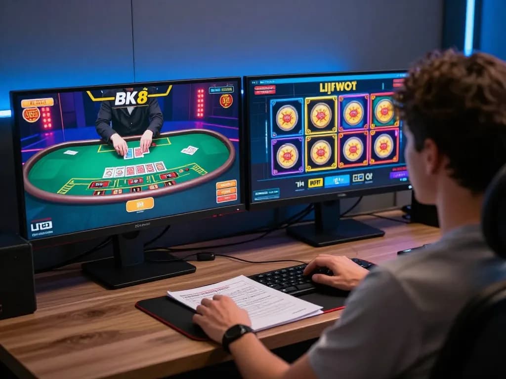 Engaging in BK8 online casino with live blackjack and slots on dual screens.