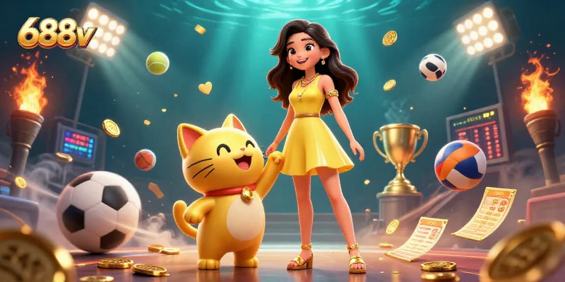 Engage in thrilling action at 688v with a cheerful player and lucky cat amid golden treasures.