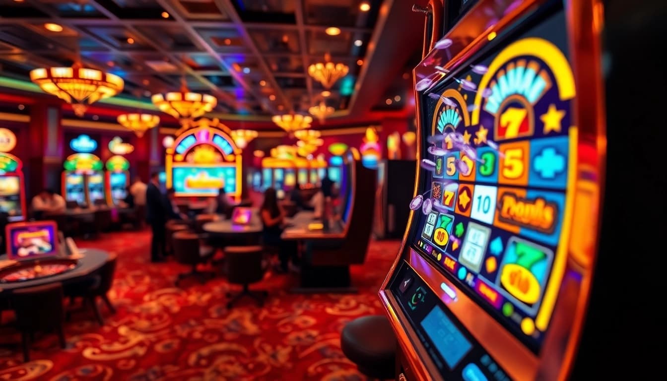 Pemain menikmati slot dan roulette di suasana kasino yang vibran.