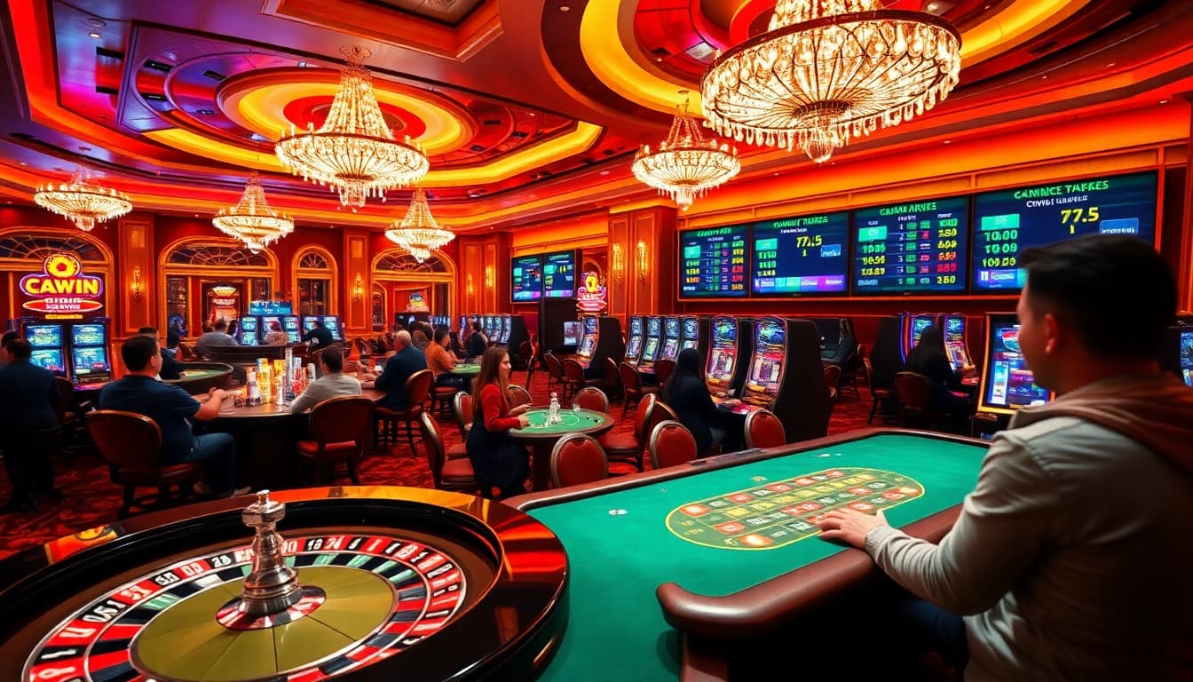 Players enjoying high-stakes games at KUWIN's luxurious casino, featuring poker and roulette.