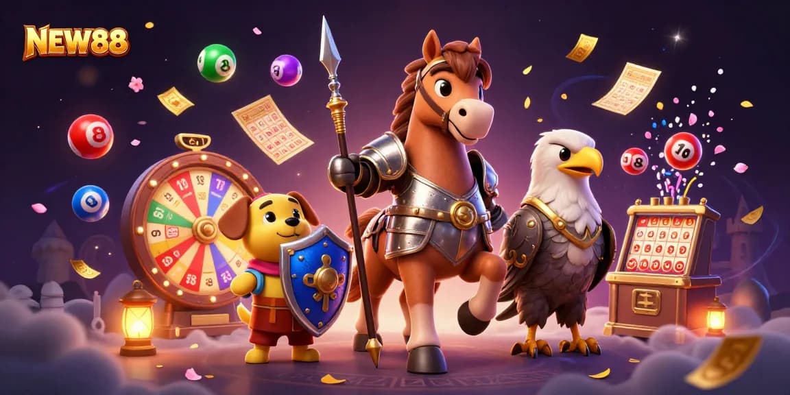 Experience thrilling gaming action with NEW88 as a medieval knight jousts amidst vibrant lottery balls and casino elements.