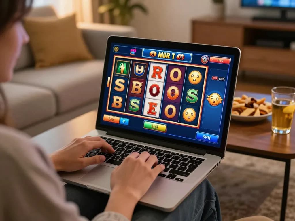 Engaging online slot bonus gameplay on a laptop, showcasing vibrant reels and a player pressing the spin button