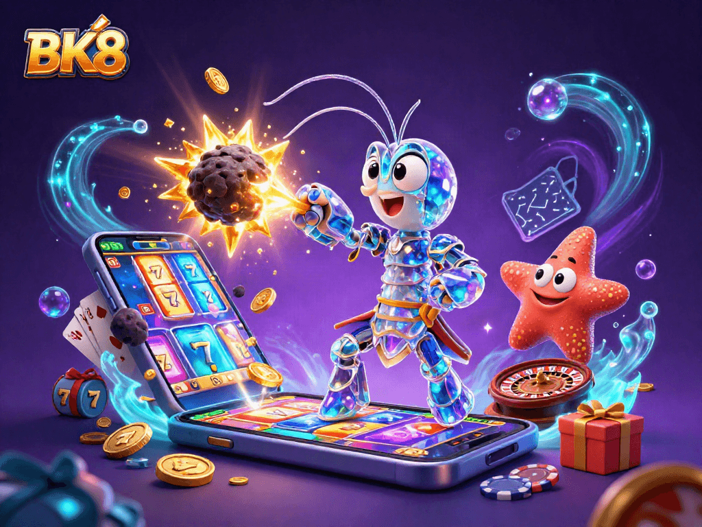 Experience BK8's thrilling casino game scene with colorful slots, gems, and exciting characters.