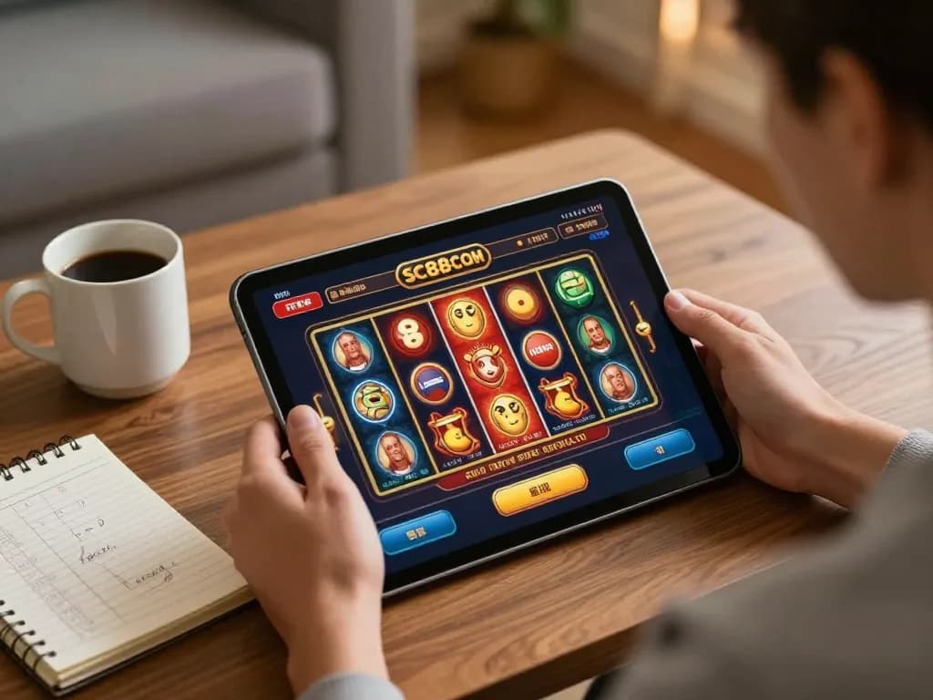 Person enjoying SC88COM gaming on tablet at home, showcasing interactive slots.