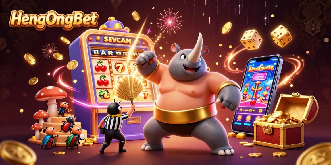 Experience thrilling gaming action at HengOngBet with a vibrant 3D illustration showcasing dynamic casino fun.