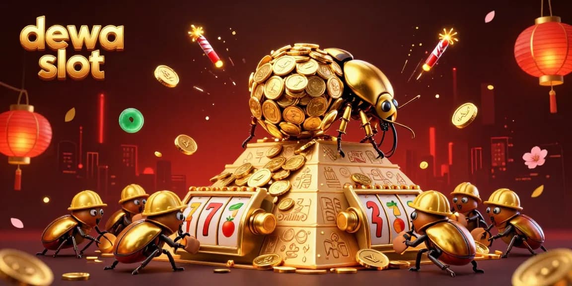 Engage with the excitement of dewa slot as golden beetles roll coins up a pyramid with vibrant game symbols.