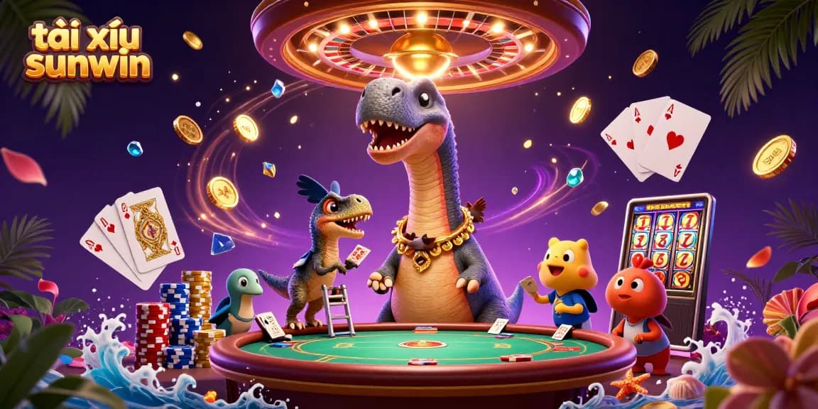 Tài xỉu sunwin features a towering brontosaurus and clever raptor captivating the casino scene with action-packed elements