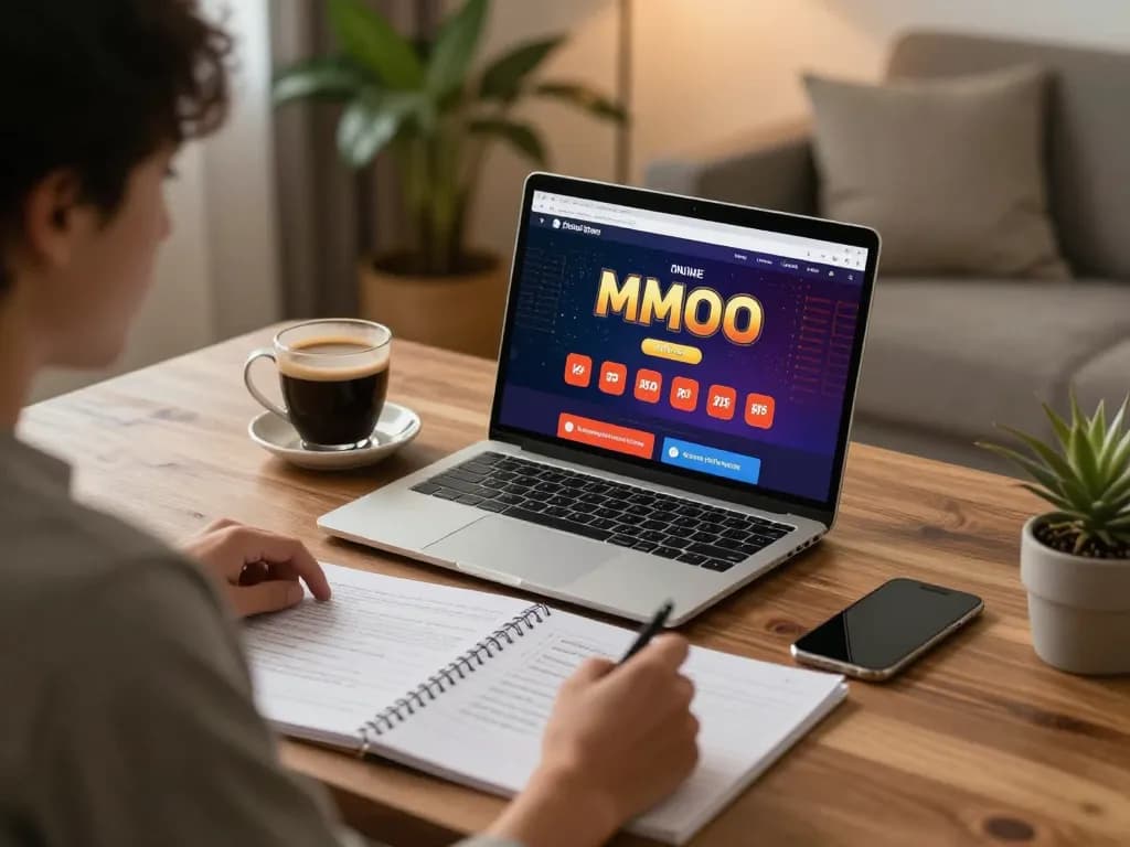 Person strategizing online gambling at MMOO, creating a cozy gaming atmosphere.