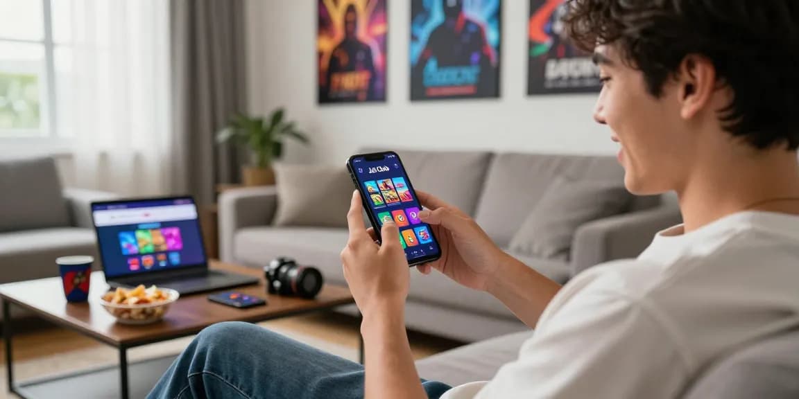 Engaged user playing JaiClub app on smartphone in lively modern living room.