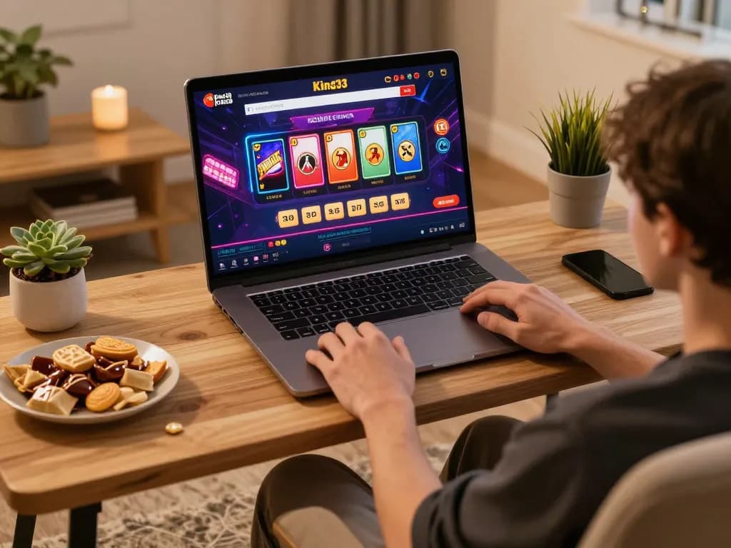 Player enjoying king33 online casino gaming on a laptop in a cozy home environment with warm lighting.
